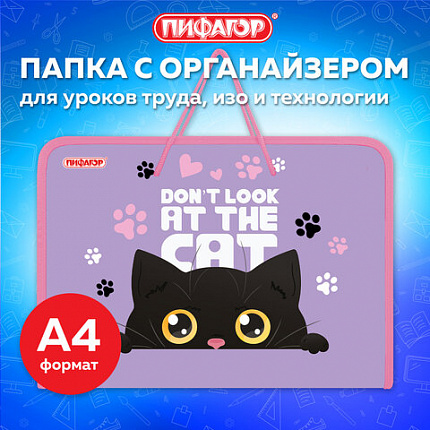 Папка для труда на молнии с ручками ПИФАГОР А4, 1 отделение, пластик, органайзер, "Наблюдательный кот", 274538