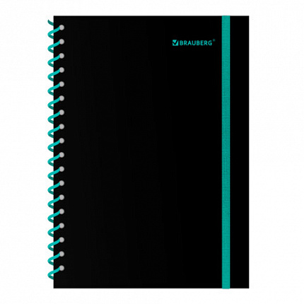 Тетрадь обложка пластик, А5 80л. спираль пластик, резинка, клетка, BRAUBERG, черный/синий, 405385