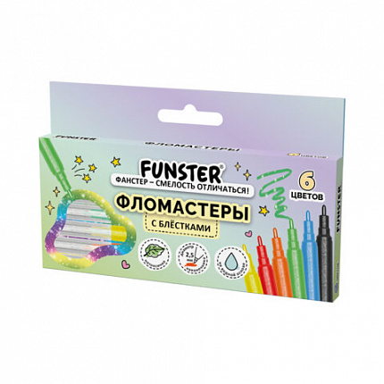 Фломастеры с блестками FUNSTER (ФАНСТЕР) "GLITTER" 6 цветов, ударопрочный наконечник, 152628