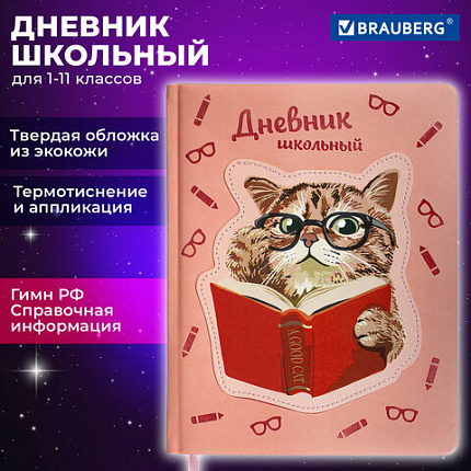 Дневник 1-11 класс 48 л., кожзам (твердая с поролоном), тиснение, аппликация, BRAUBERG, "Smart Cat", 106206