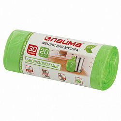 Мешки для мусора биоразлагаемые 30 л, зеленые, в рулоне 20 шт. прочные, ПНД 11 мкм, 50х60 см, LAIMA, 601400