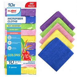 Салфетки из МИКРОФИБРЫ 30х30 см MULTI COLOUR, big pack, КОМПЛЕКТ 10 шт., 180 г/м2, LAIMA HOME, 607794