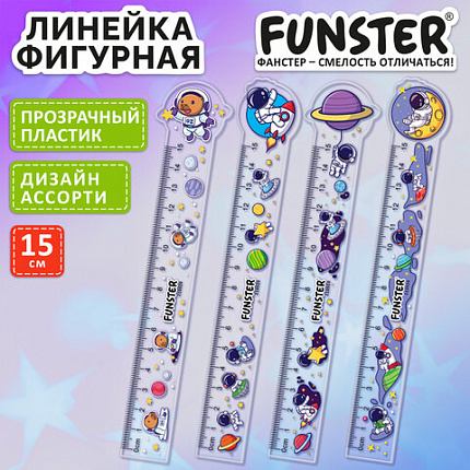 Линейка пластиковая 15 см фигурная, FUNSTER, "КОСМОНАВТЫ", прозрачная, ассорти, европодвес, 210920