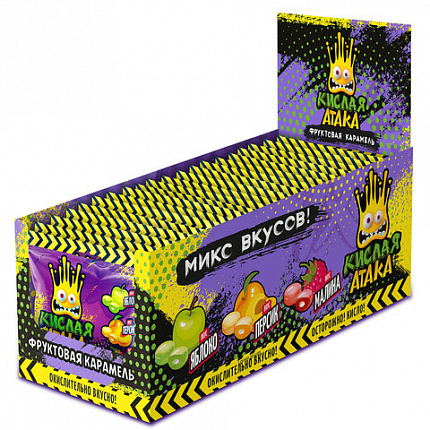 Карамель леденцовая КИСЛАЯ АТАКА, ассорти вкусов (яблоко, персик, малина), 40 г, KA-4-1
