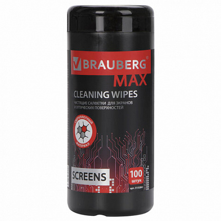 Салфетки для экранов всех типов и оптики BRAUBERG MAX ПЛОТНЫЕ, туба 100 шт., влажные, 513284