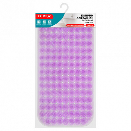 Коврик для ванны противоскользящий 71х38 см, массажный, "Цветы", прозрачно-фиолетовый, ПВХ, PRIMILA (ПРИМИЛА), 700373