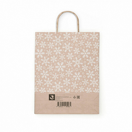 Крафт пакет бумажный "Снежинка" 22х12х25 см, с кручеными ручками, плотность 80 г/м2, 115465