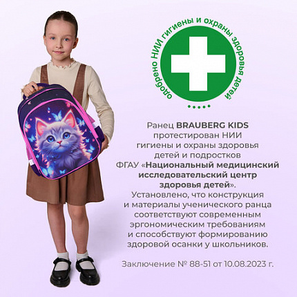 Ранец BRAUBERG KIDS STANDARD, 2 отделения, "Любознательный кот", 36х28х14 см, 273145