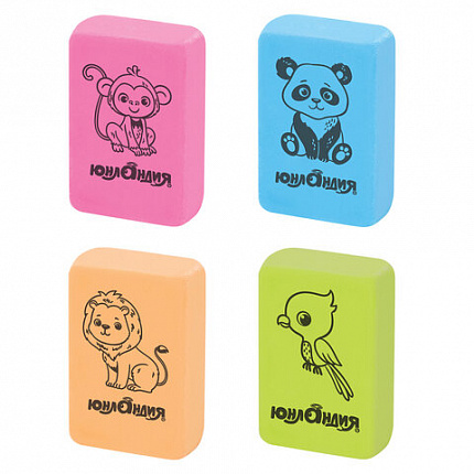 Ластик ЮНЛАНДИЯ "Зверушки", 28х18х10 мм, цвет ассорти, прямоугольный, 228706