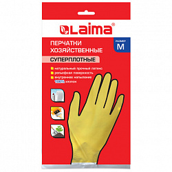 Перчатки МНОГОРАЗОВЫЕ латексные LAIMA "ПРЕМИУМ", хлопчатобумажное напыление, СВЕРХПЛОТНЫЕ, размер 7-8, M (средний), желтые, вес 60 г, 600571