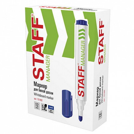 Маркер стираемый для белой доски СИНИЙ, STAFF "Manager" WBM-491, 5 мм, с клипом, 151492