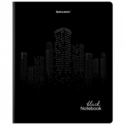 Тетрадь А5, 48 л., BRAUBERG, скоба, клетка, матовая ламинация, выборочный лак, "Black" (микс в спайке), 404375