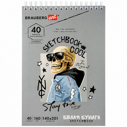 Скетчбук, белая бумага 160 г/м2, 140х201 мм, 40 л., гребень, жесткая подложка, BRAUBERG ART, ассорти, 115071