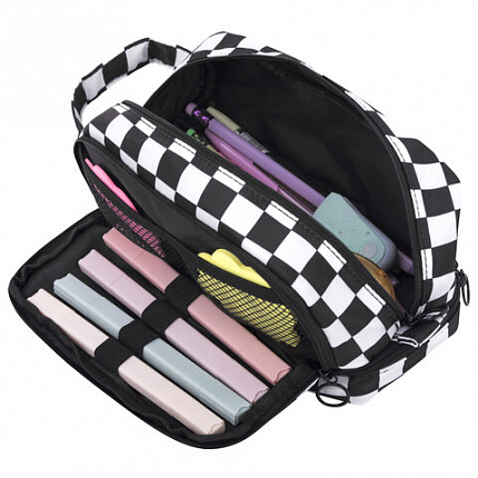 Пенал-органайзер HEIKKI (ХЕЙКИ) с ручкой, значки, 2 отделения, откидная планка, 22x13х10 см, "Black&White", 273601