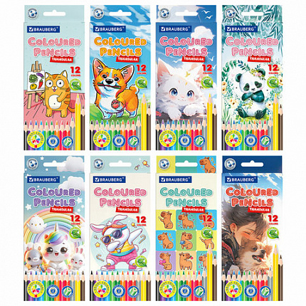 Карандаши цветные "АССОРТИ 8 ДИЗАЙНОВ 3-10 лет", 12 цветов, трехгранные, BRAUBERG, 182055