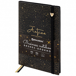 Блокнот B6 130x184мм BRAUBERG "Stellar", под кожу, 80 листов, фольга, резинка, клетка, черный, 118652