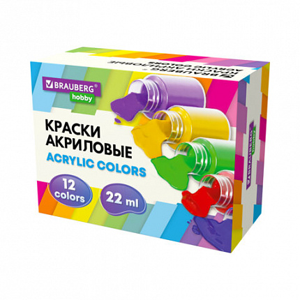 Краски акриловые художественные 12 цветов в банках по 22мл BRAUBERG HOBBY, КОД_1С