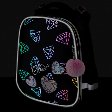 Ранец BRAUBERG LUMINOUS, 2 отделения, с брелком, "Diamonds", СВЕТЯЩИЙСЯ РИСУНОК, 38х29х16 см, 272070
