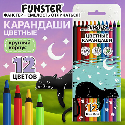 Карандаши цветные FUNSTER BLACK, 12 цв, черный корпус, утолщенный грифель 4 мм, ПВХ, круглые, 182200
