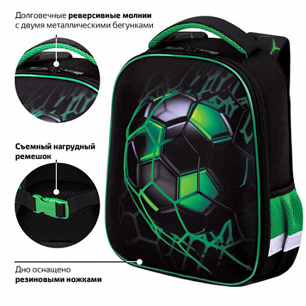 Ранец BRAUBERG KIDS START, 1 отделение, 2 кармана, "Зеленый мяч", 35х26х13 см, 272092