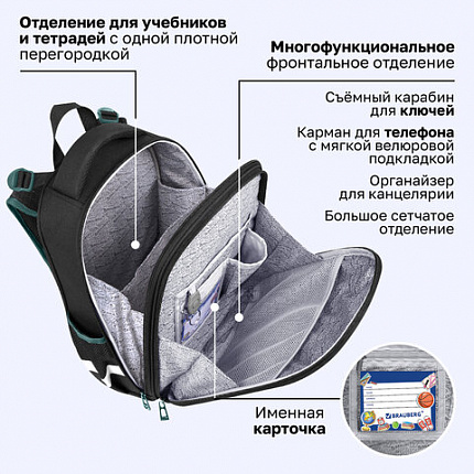 Ранец BRAUBERG PREMIUM, 2 отделения, с брелоком, "К звездам!", ЛАМПОЧКИ, 38х29х16 см, 270599