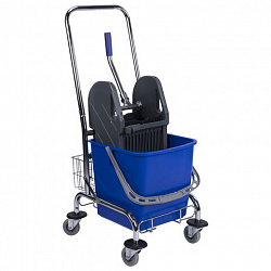 Тележка уборочная BRABIX, 1 съемное ведро 25 л, механический отжим, корзина, металлический каркас, синяя, 601498