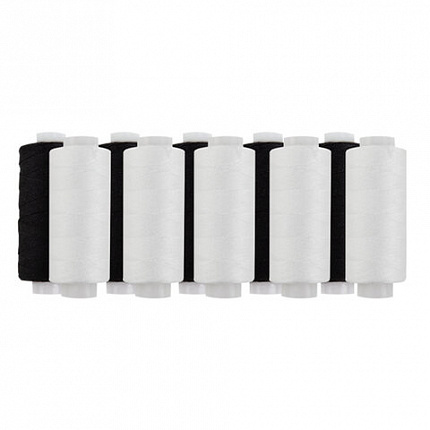 Нитки швейные 45 ЛЛ, 150 м, полиэстер, НАБОР 10 штук, 5 белых / 5 черных, DEVELIA (Девелиа), 609619