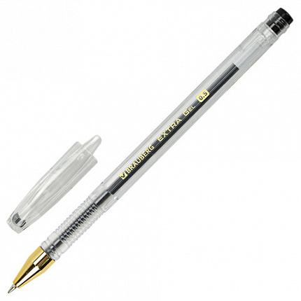 Ручка гелевая BRAUBERG "EXTRA GLD", ЧЕРНАЯ, корпус прозрачный, узел 0,5 мм, линия 0,35 мм, 143901