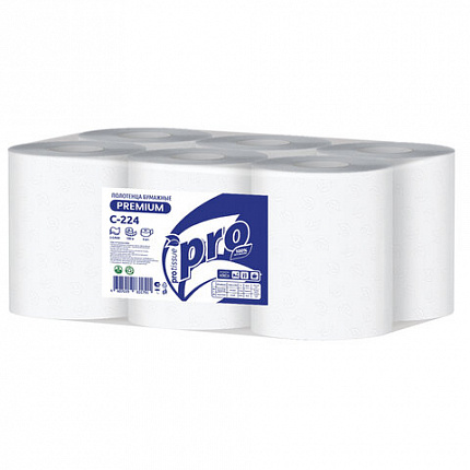 Полотенца бумажные с центральной вытяжкой 150м,PROtissue (M1) PREMIUM,2-сл,белые,КОМПЛЕКТ 6 рул,С224