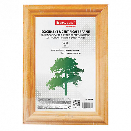 Рамка 10х15 см, дерево, багет 18 мм, BRAUBERG "HIT", канадская сосна, стекло, подставка, 390019