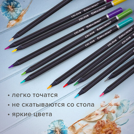 Карандаши цветные чёрное дерево BRAUBERG BLACK WOOD, 12 цветов, трехгранный корпус, грифель мягкий 3 мм, 181948