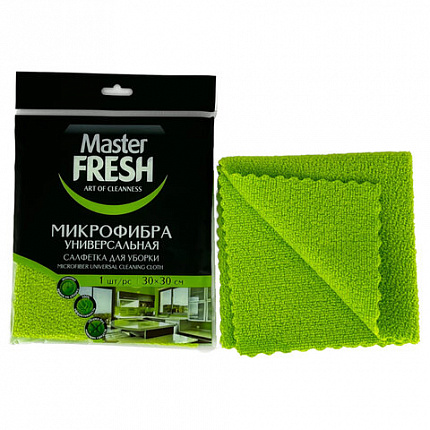 Салфетка из МИКРОФИБРЫ для стекол и зеркал 30х30 см, зеленая, 280 г/м2, Master FRESH