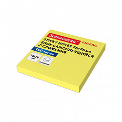 Блок самоклеящийся (стикеры) Z-сложения BRAUBERG ZigZag, 76х76мм, 100л, желтый, для диспенсера, 116681