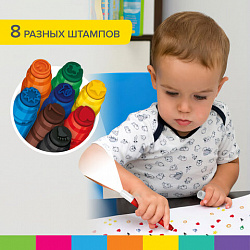 Фломастеры-штампы двусторонние "FUNNY STAMPS", 8 цветов, BRAUBERG KIDS, картонная коробка с европодвесом, 152179