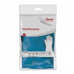 Перчатки МНОГОРАЗОВЫЕ резиновые VILEDA многоцелевые, хлопчатобумажное напыление, ПРОЧНЫЕ, размер 7,5-8, M (средний), синие, вес 63 г, 174353