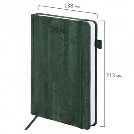 Ежедневник датированный 2026 А5 138x213 мм, BRAUBERG "Wood", под кожу, держатель для ручки, зеленый, 117109