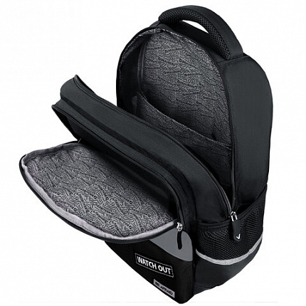 Рюкзак BRAUBERG STAR, 1 отделение, 5 карманов, "Будь начеку", черный, 40x29x13 см, 273132
