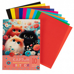 Картон цветной А4 МЕЛОВАННЫЙ, 10л. 10цв., в папке, HATBER, 195х280мм, Пушистые лапки,, 10Кц4_35860