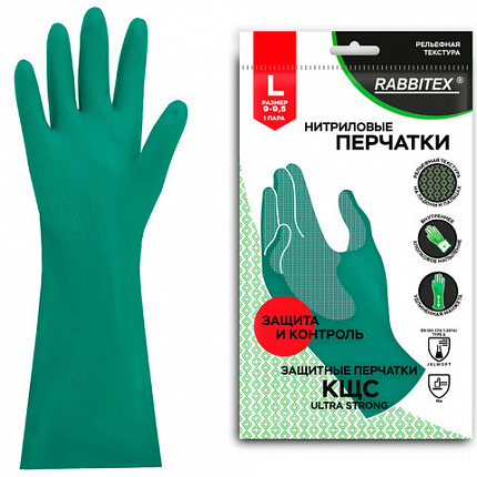 Перчатки нитриловые КЩС, ULTRA STRONG, хим. устойчивые, с хлопковым напылением, зеленые, р-р 9-9,5 L (большой), RABBITEX (РАББИТЕКС), 700912