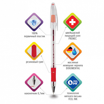 Ручка шариковая масляная с грипом BRAUBERG "Model-XL" ORIGINAL, КРАСНАЯ, узел 0,7 мм, линия письма 0,35 мм, 143244
