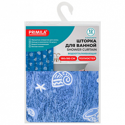Шторка для ванной ПОЛИЭСТЕР, 180х180 см, кольца в комплекте, МОРЕ, PRIMILA (ПРИМИЛА), 700077