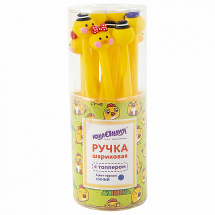 Ручка с топпером шариковая ЮНЛАНДИЯ "Цыпленок", корпус ассорти, СИНЯЯ, пишущий узел 0,7 мм, 143808