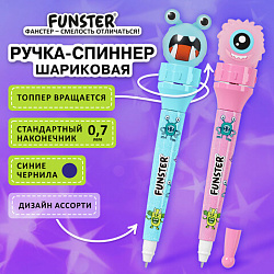 Ручка-спиннер с топпером шариковая FUNSTER "MONSTERS", СИНЯЯ, ассорти, пишущий узел 0,7 мм, линия письма 0,35 мм, 144381
