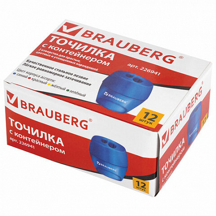 Точилка BRAUBERG "Diamond Dual", 2 отверстия для чернографитных карандашей (в том числе утолщенных), с контейнером, ассорти, 226941