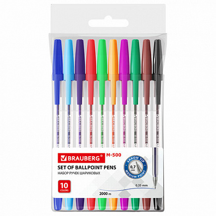 Ручки шариковые BRAUBERG "M-500", НАБОР 10 цветов, АССОРТИ, узел 0,7 мм, линия письма 0,35 мм, 143455
