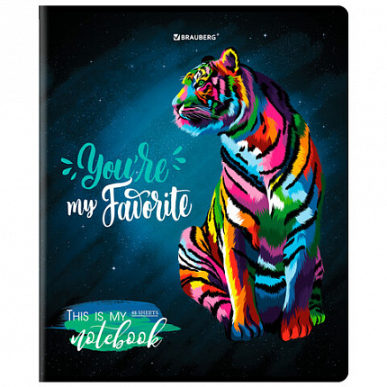 Тетрадь А5, 48 л., BRAUBERG, скоба, клетка, матовая ламинация, выборочный лак, "Animals Pop-Art" (микс в спайке), 404374