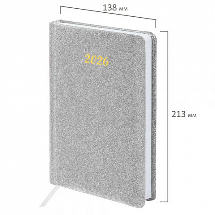 Ежедневник датированный 2026, А5, 138x213 мм, BRAUBERG "Sparkle", под кожу, блестки, серебристый, 117440