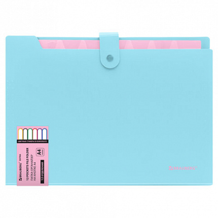 Папка-органайзер на кнопке 12 отделений, BRAUBERG Extra, А4, голубая с розовым, 271932