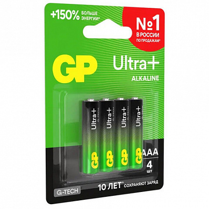 Батарейки КОМПЛЕКТ 4 шт., GP Ultra Plus G-Tech, AAA (LR03), алкалиновые, мизинчиковые, 24AUPA21-2CRSB4
