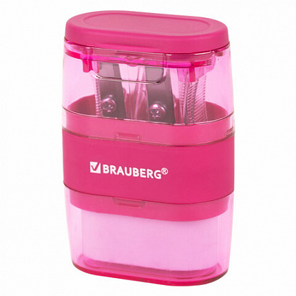 Точилка с ластиком 2 в 1 BRAUBERG "Double", 2 отверстия, яркие цвета корпуса ассорти, 271987